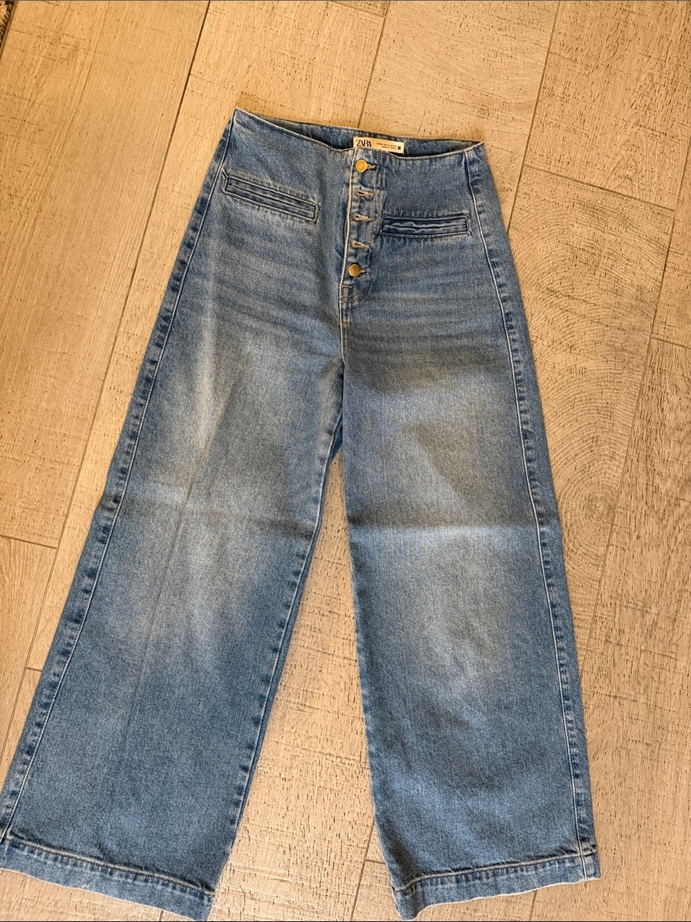 Zara Wide-Leg High-Rise Button-Fly Jeans in Light Blue Denim